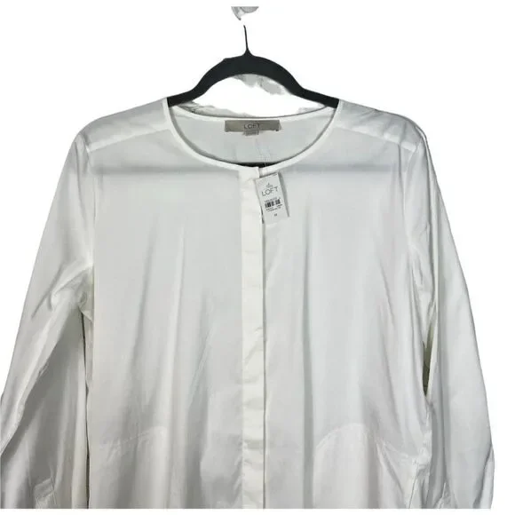 Ann Taylor Loft Tunic Top Long Sleeve Button Up Pockets White Size Medium - Picture 2 of 8